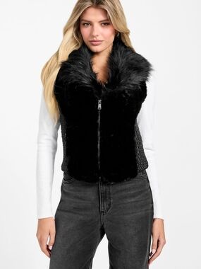 GUESS Amari Faux-Fur Zip Vest Black